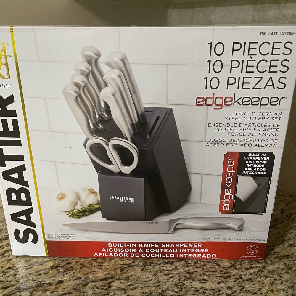 Silver and Black Knife Block Set with Built-in Sharpener